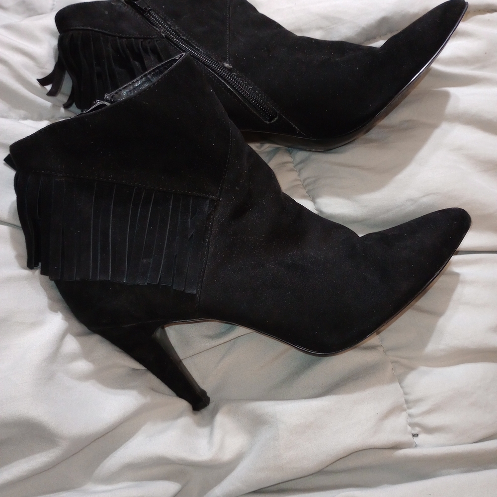 Nine West Black Suede Fringe Heeled Boots